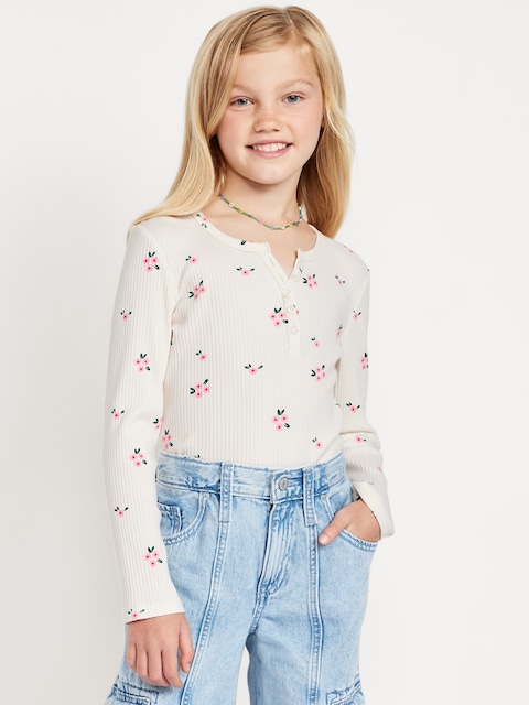 Printed Fitted Long-Sleeve Ribbed Top for Girls