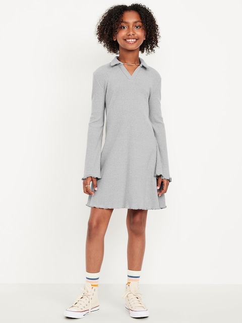 Long-Sleeve Fit and Flare Ribbed Polo Dress for Girls