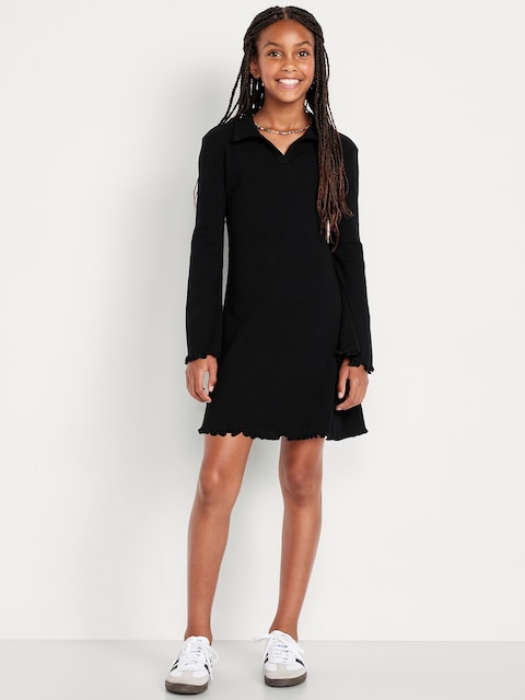 Long-Sleeve Fit and Flare Ribbed Polo Dress for Girls