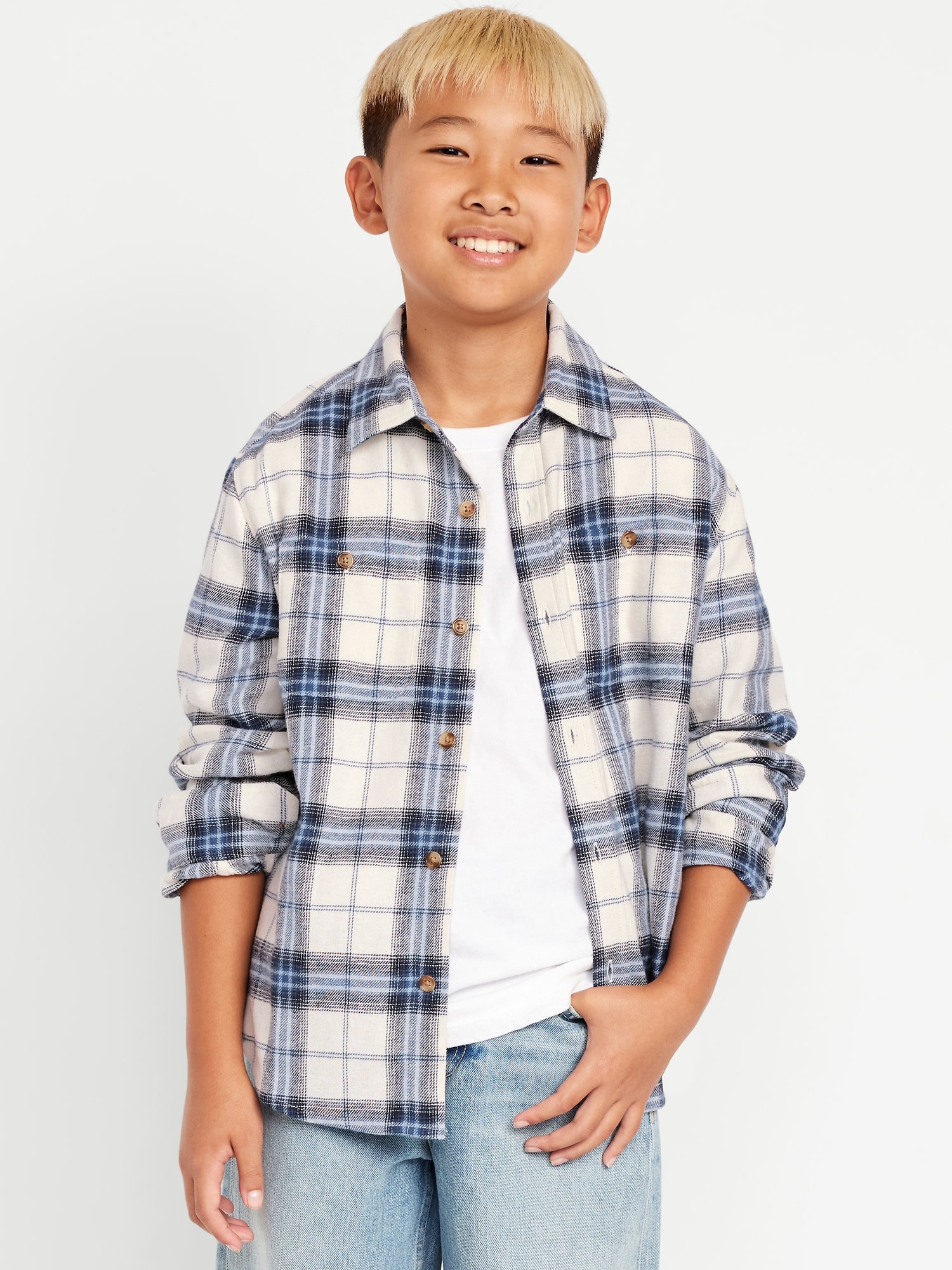 Long-Sleeve Pocket Plaid Flannel Shirt for Boys