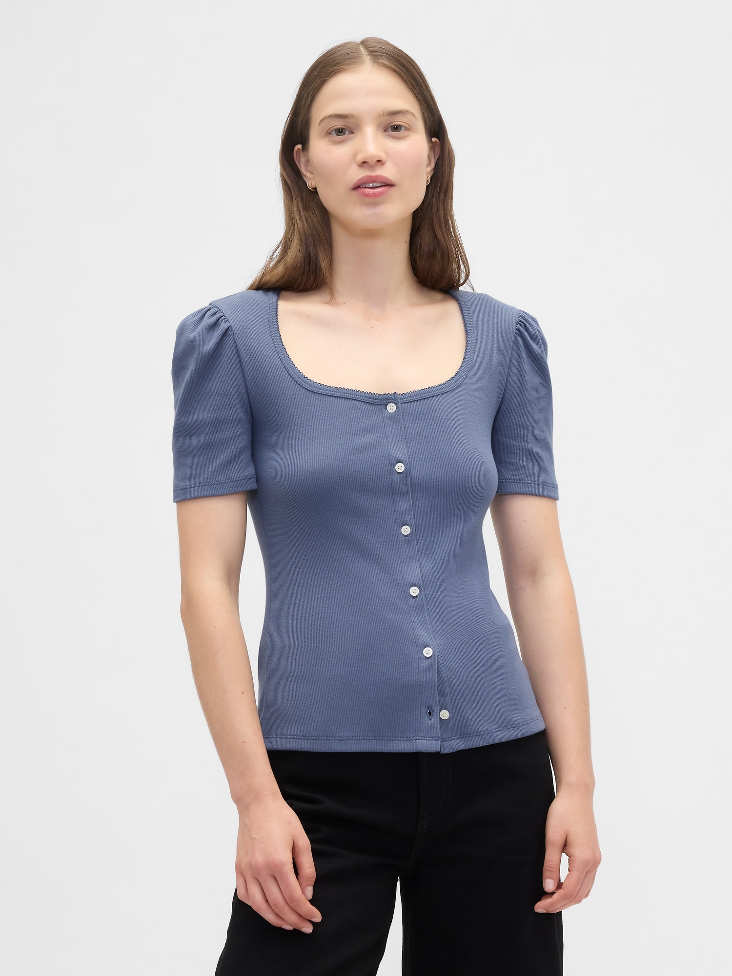 Ribbed Scoopneck Puff Sleeve Top