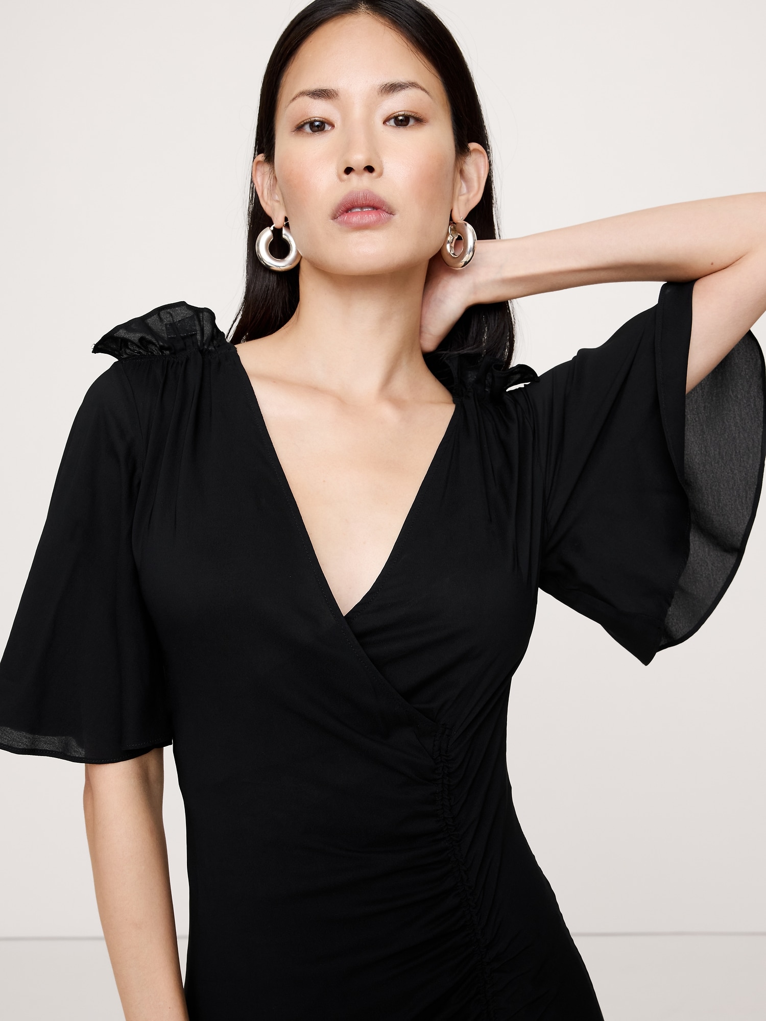 Stretch-Crepe Flutter-Sleeve Maxi Dress