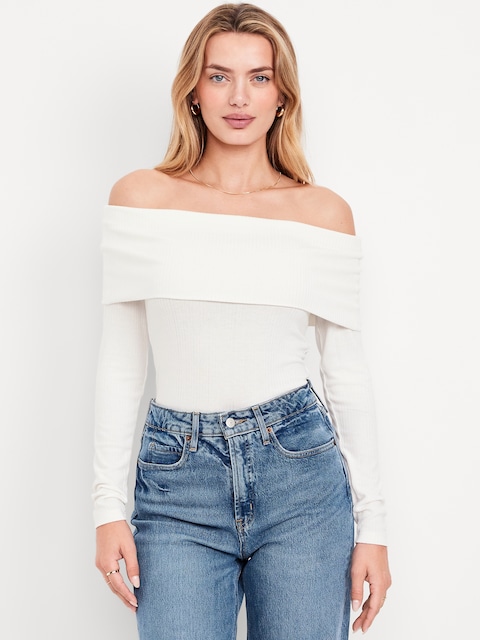 Off-Shoulder Long-Sleeve Ribbed Top