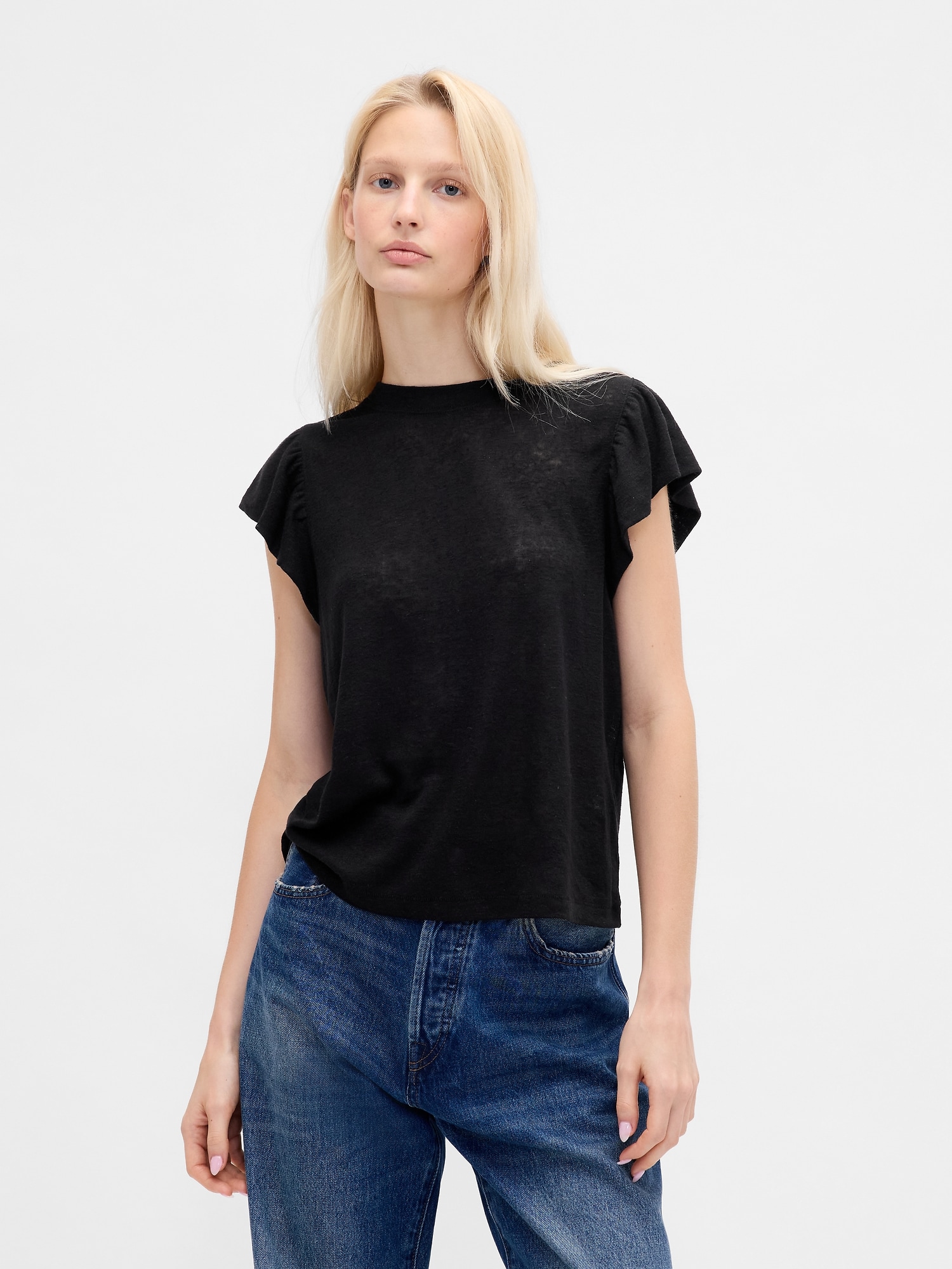 Linen-Blend Flutter-Sleeve T-Shirt