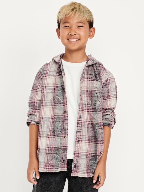 Long-Sleeve Plaid Washed Flannel Hooded Shirt for Boys