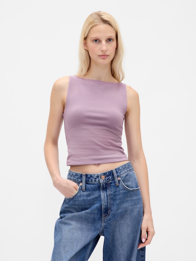 クロースニット ジャージー ボートネック クロップド シェルタンクトップ-0