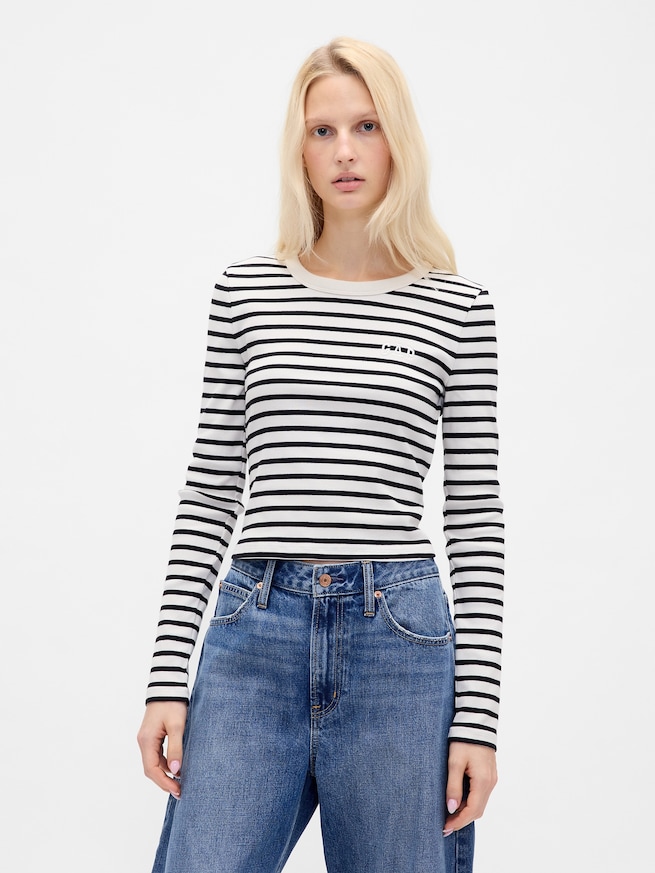 リブ クロップド GAPロゴ クルーネックTシャツ-0