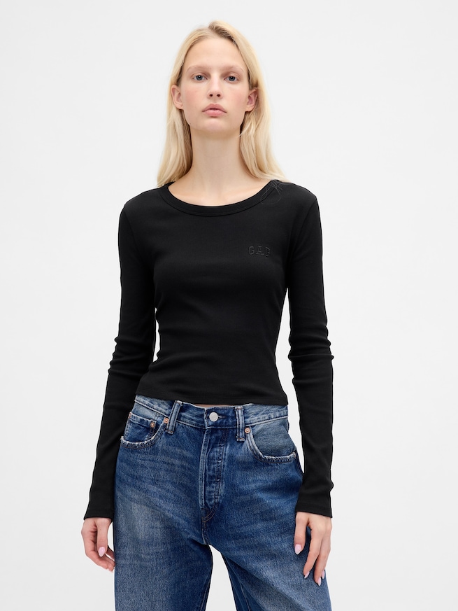 リブ クロップド GAPロゴ クルーネックTシャツ-0