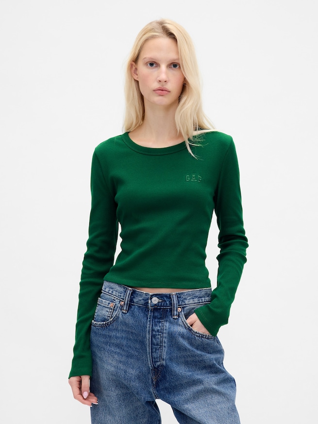 リブ クロップド GAPロゴ クルーネックTシャツ-0