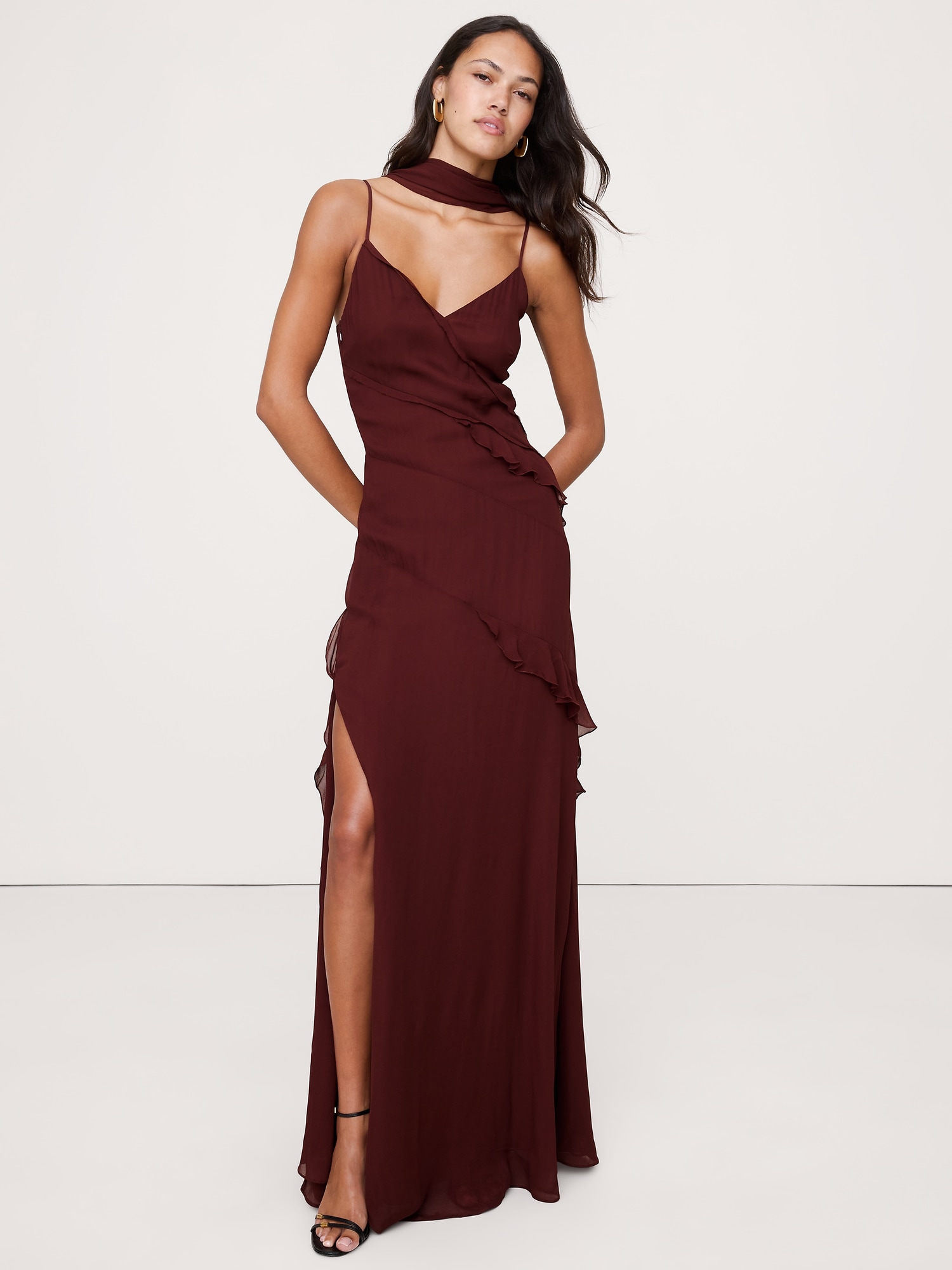 Georgette Ruffle Maxi Dress with Scarf