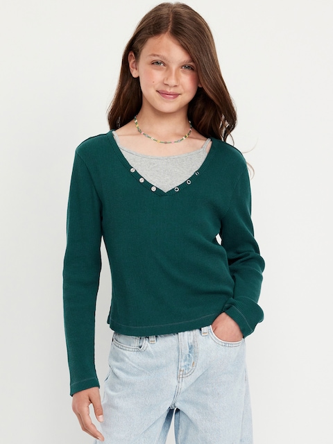 Long-Sleeve 2-In-1 Fitted Henley Top for Girls