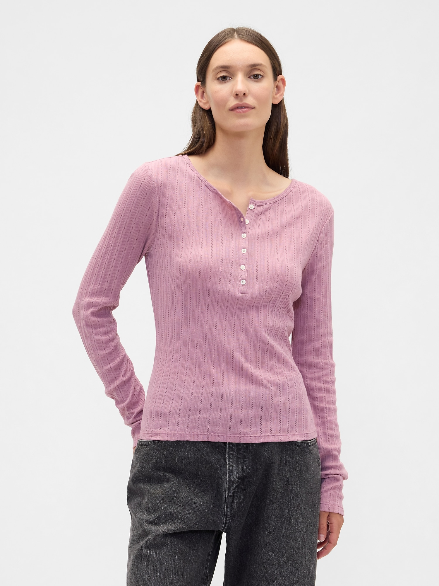 Ribbed Pointelle Henley T-Shirt