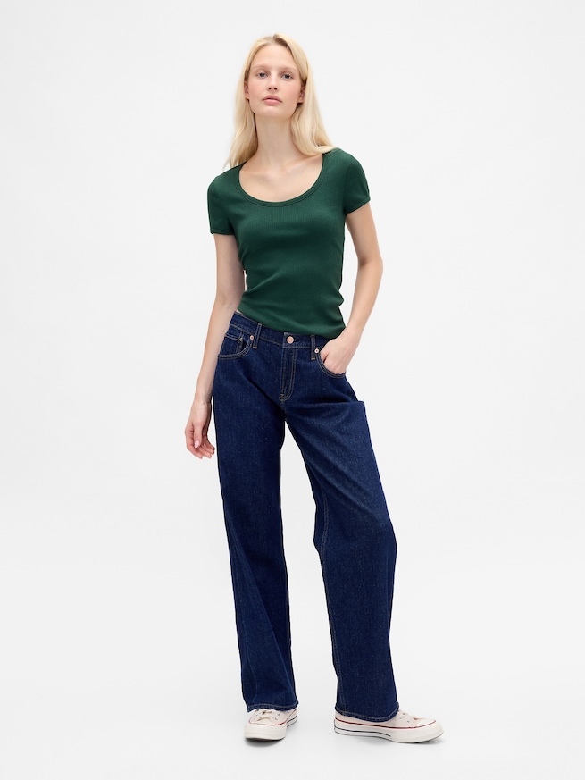 モダン コンパクト リブ スクープネック クロップドTシャツ-1