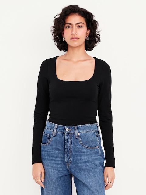 Fitted Double-Layer Scoop-Neck Top