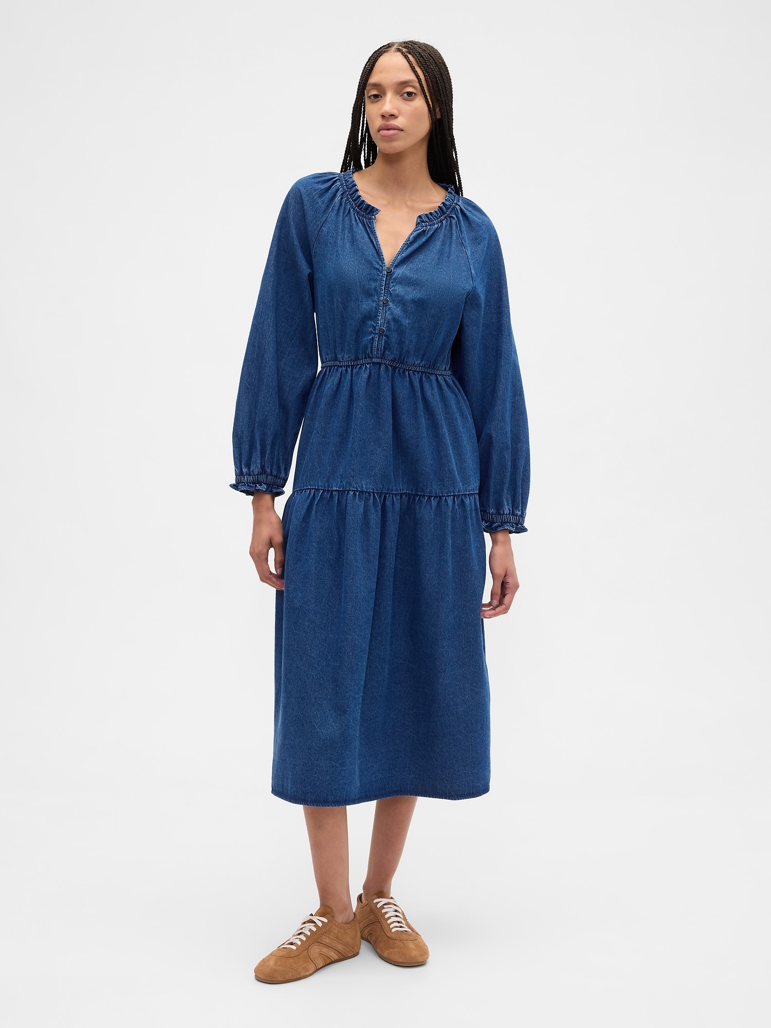 Tiered Denim Western Midi Dress