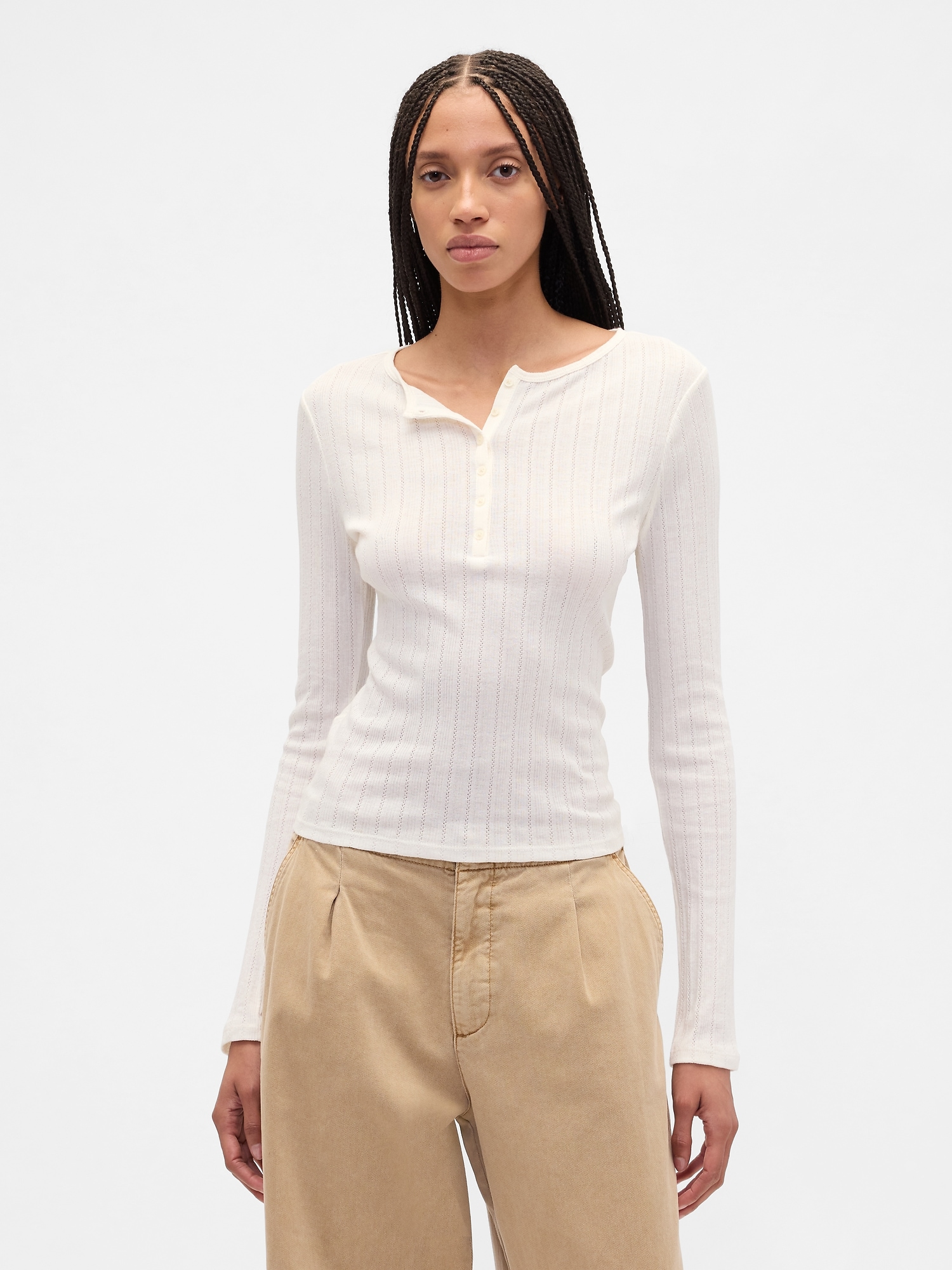 Ribbed Pointelle Henley T-Shirt