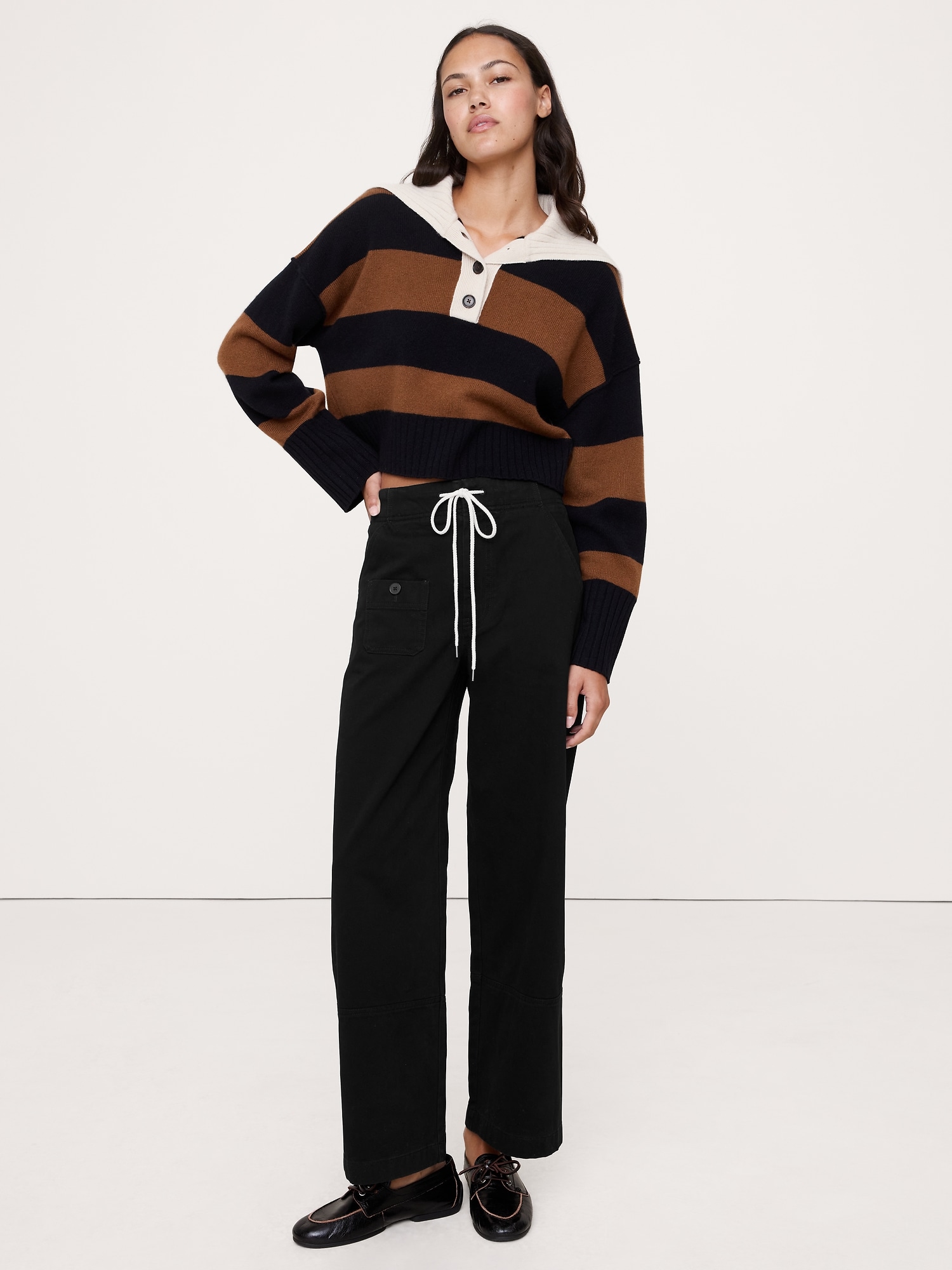 PANTALON JAMBE LARGE À TAILLE HAUTE ÉLASTIQUE À COULISSE