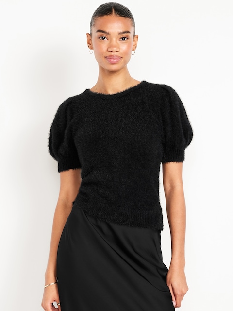 Cropped Puff-Sleeve Eyelash Sweater
