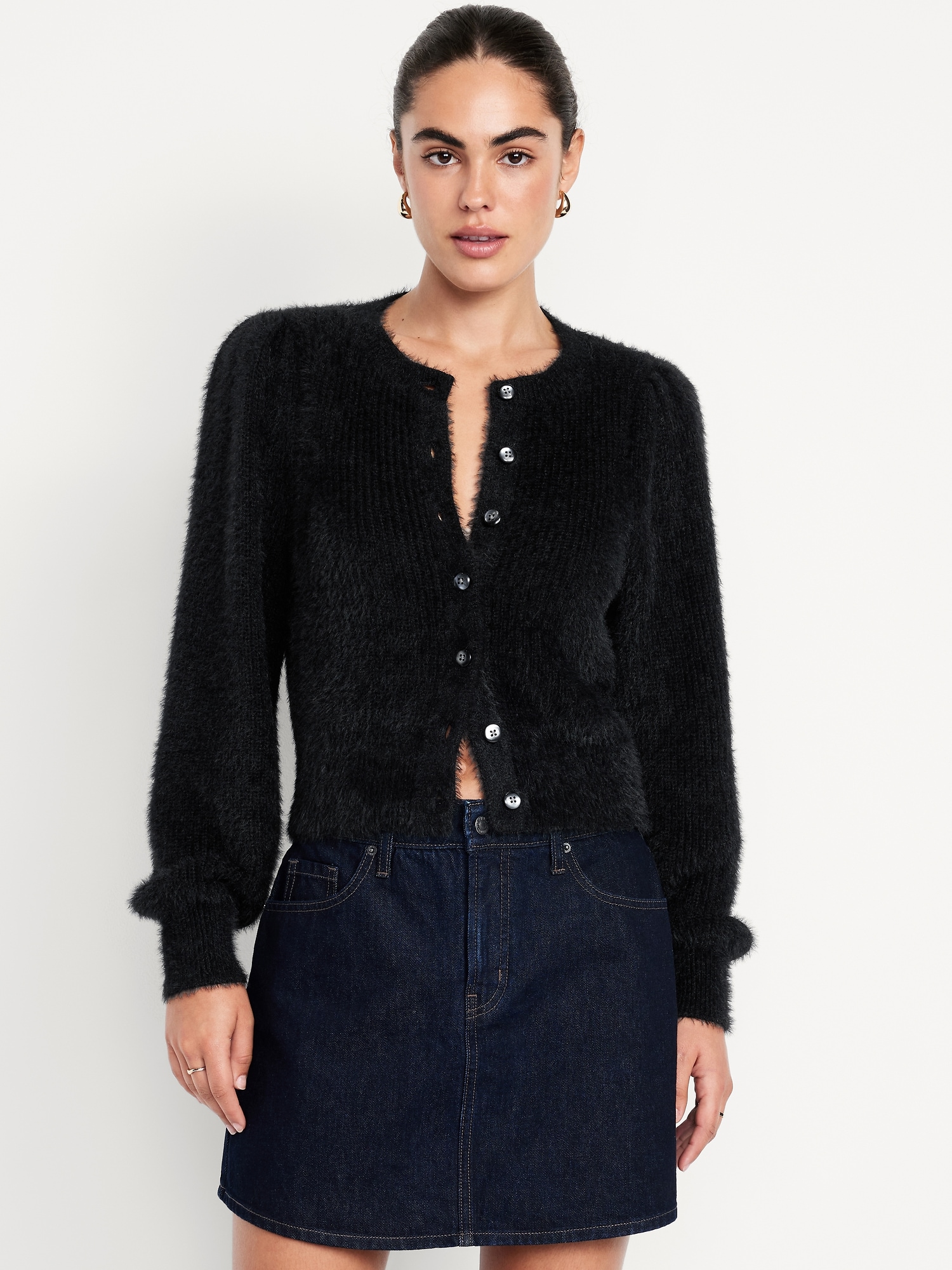 Cropped Eyelash Cardigan Sweater