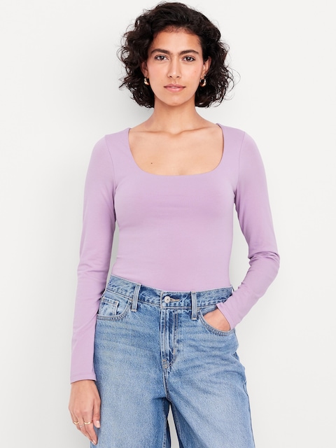 Fitted Double-Layer Scoop-Neck Top