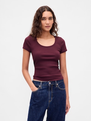 モダン コンパクト リブ スクープネック クロップドTシャツ