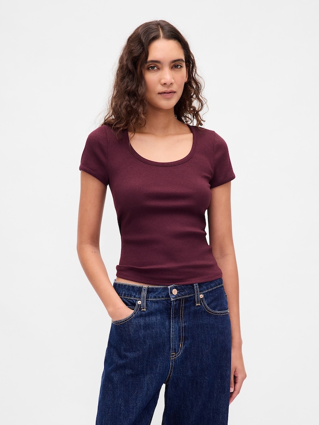 モダン コンパクト リブ スクープネック クロップドTシャツ-0