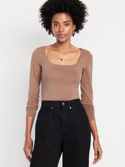 Fitted Double-Layer Scoop-Neck Top