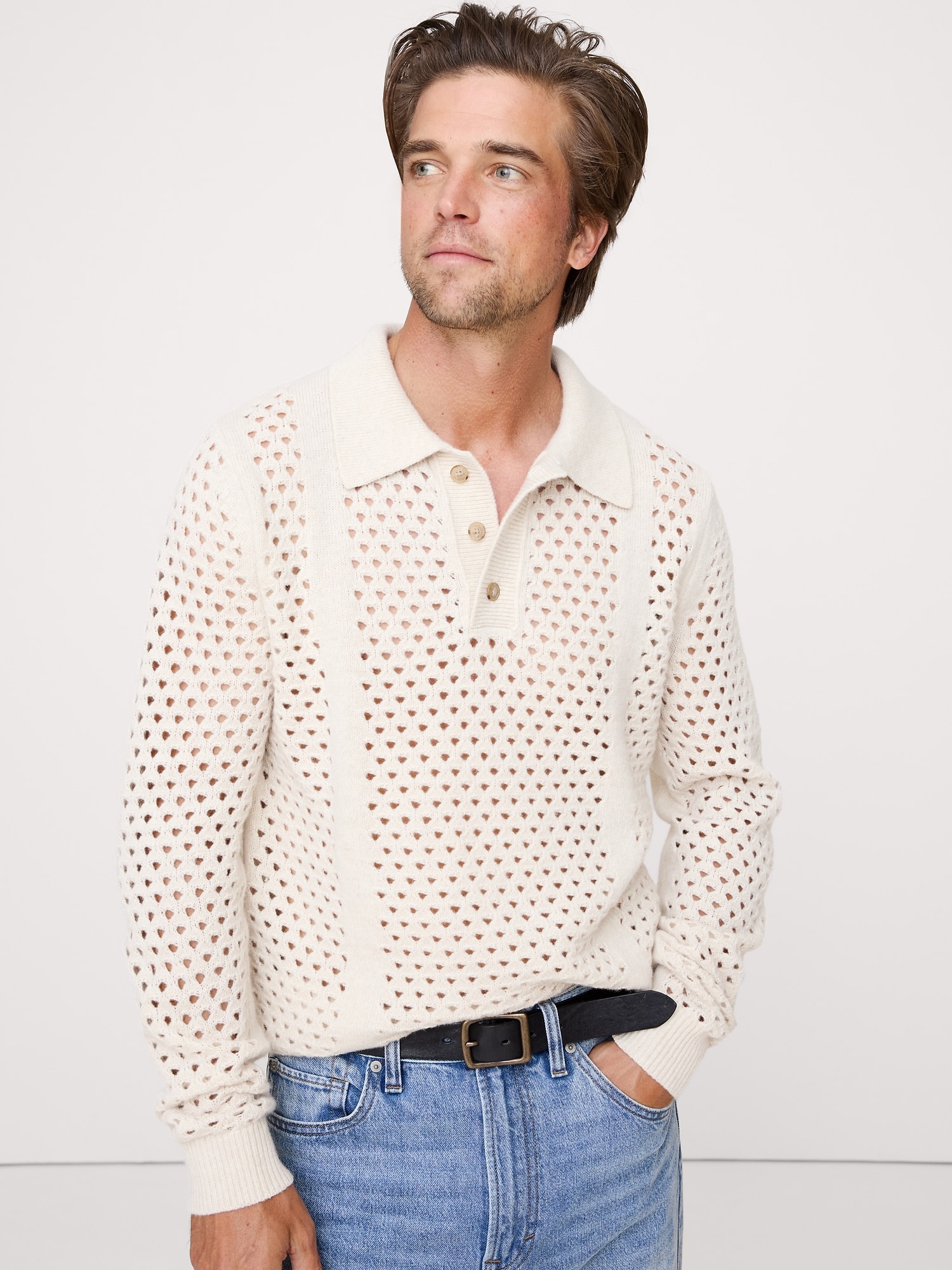 CHANDAIL À MAILLES À COL POLO EN MÉLANGE DE LAINE ITALIENNE - Blanc