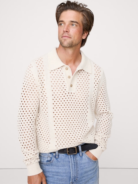 Italian Wool-Blend Mesh Sweater Polo