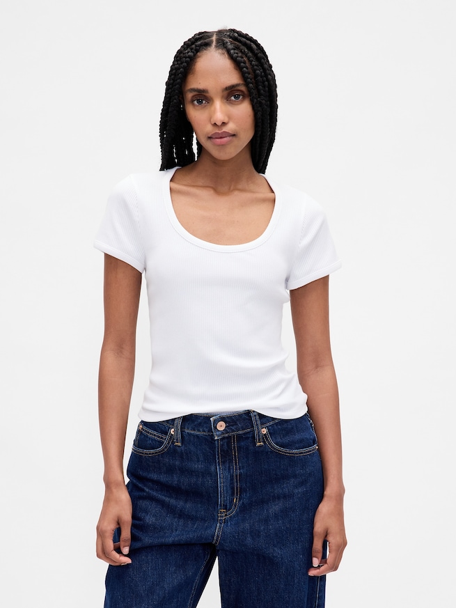 モダン コンパクト リブ スクープネック クロップドTシャツ-0