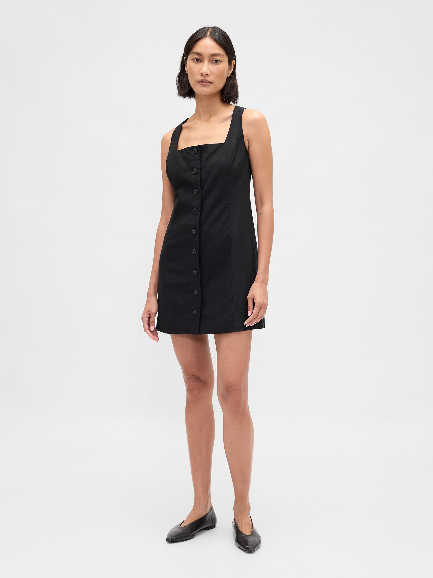 Linen-Blend Button-Front Mini Dress