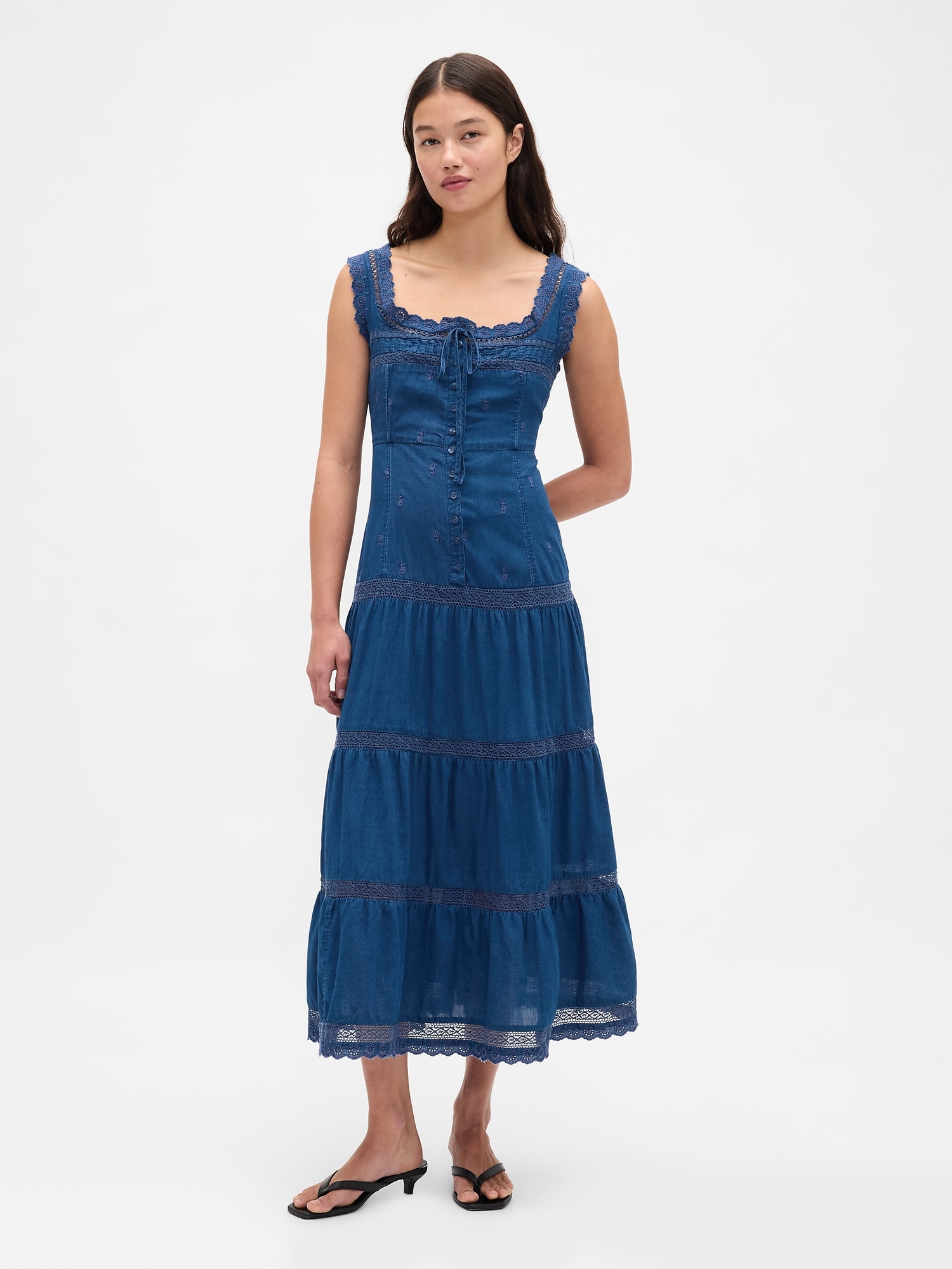 Lace-Trim Tiered Maxi Dress