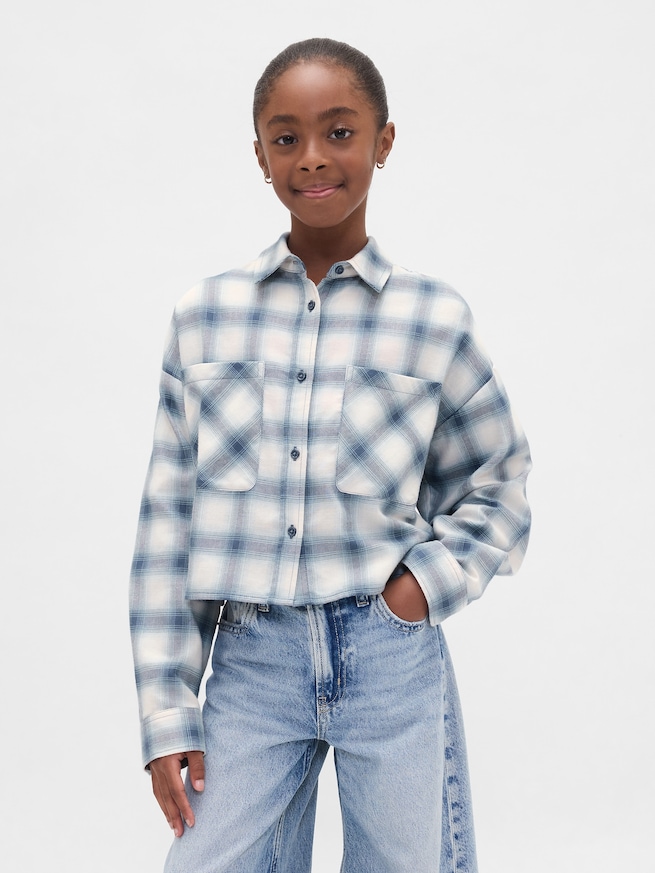 オーバーサイズ クロップド フランネルシャツ (キッズ)-0