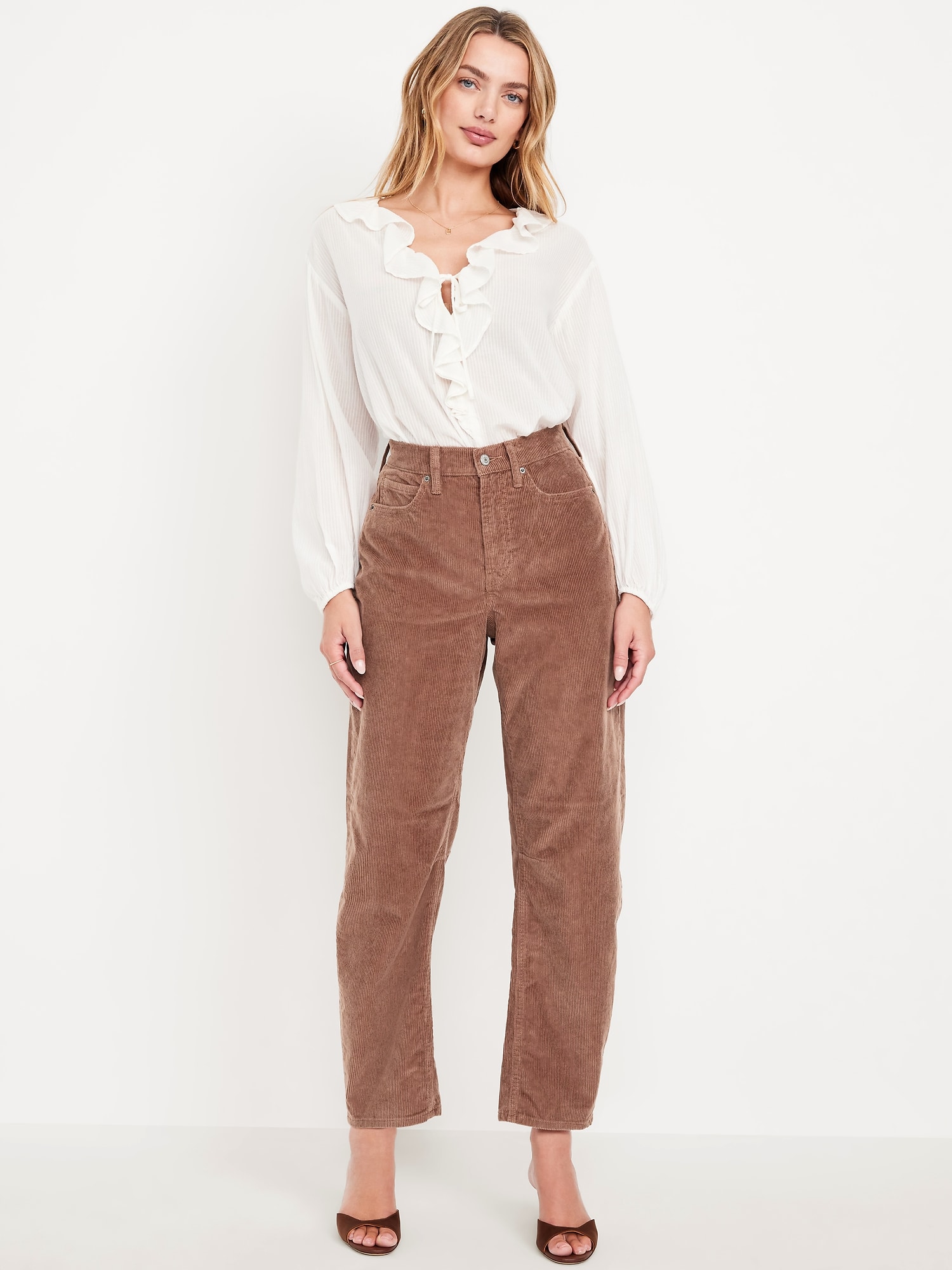 PANTALON COUPE BARIL EN VELOURS CÔTELÉ LONGUEUR CHEVILLE À TAILLE HAUTE