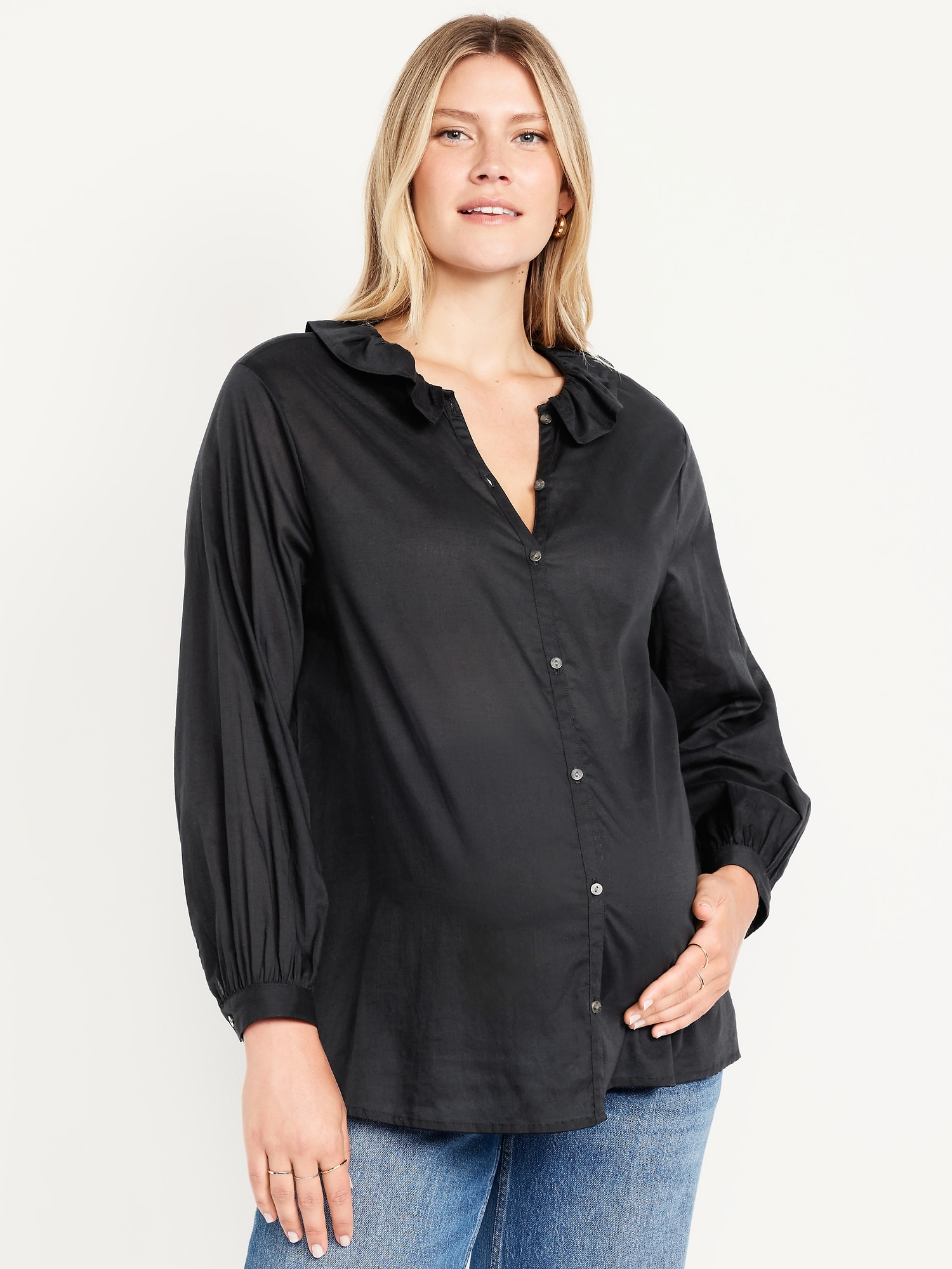 Maternity Long Sleeve Button-Down Ruffle Shirt