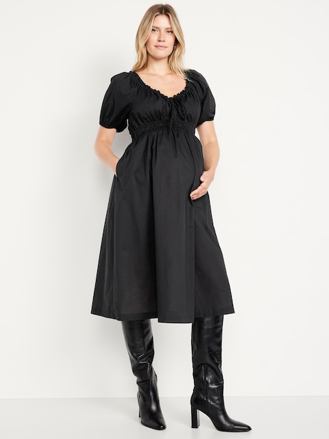Maternity Puff-Sleeve Midi Dress