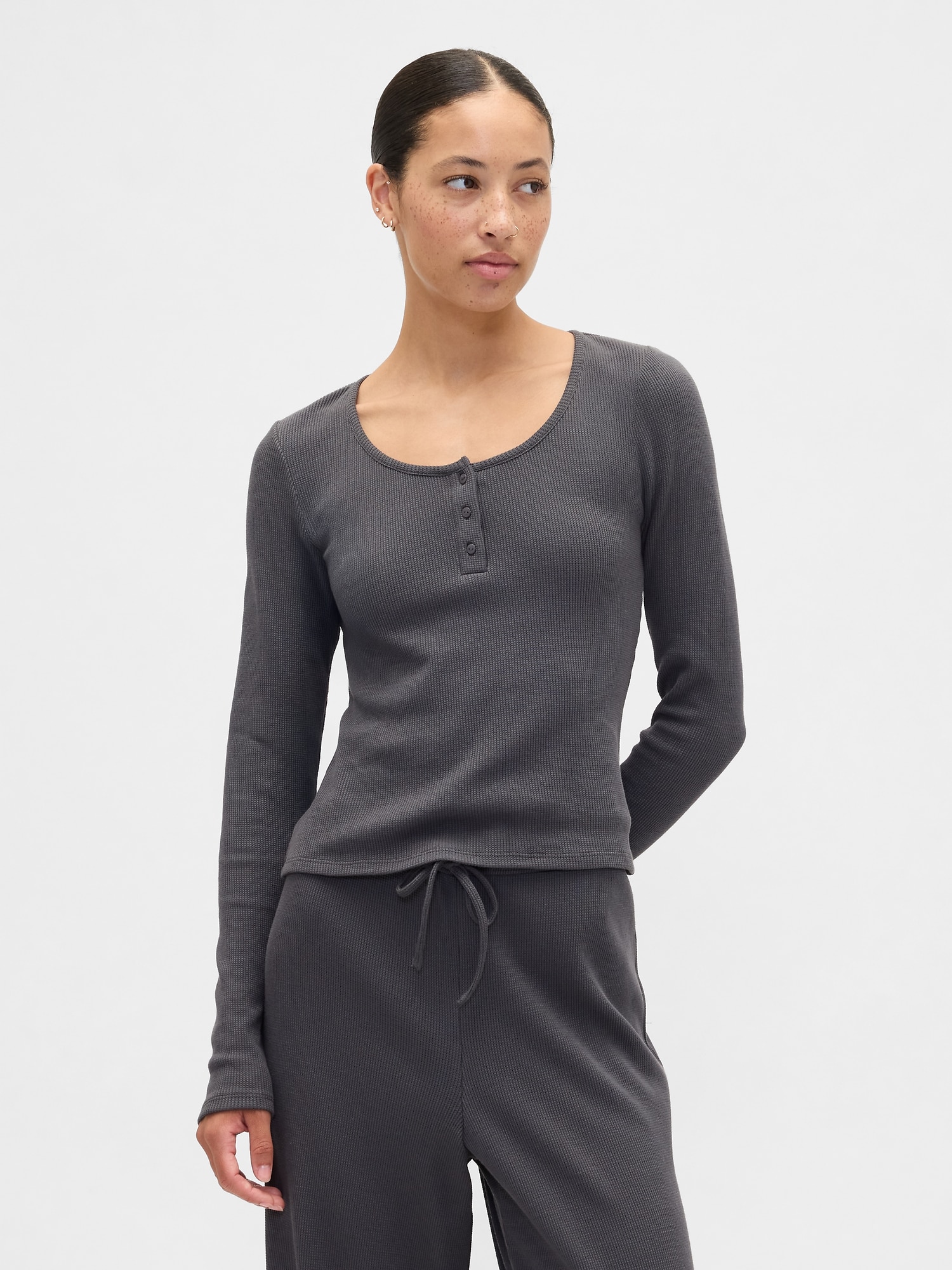 Waffle-Knit Henley PJ Top