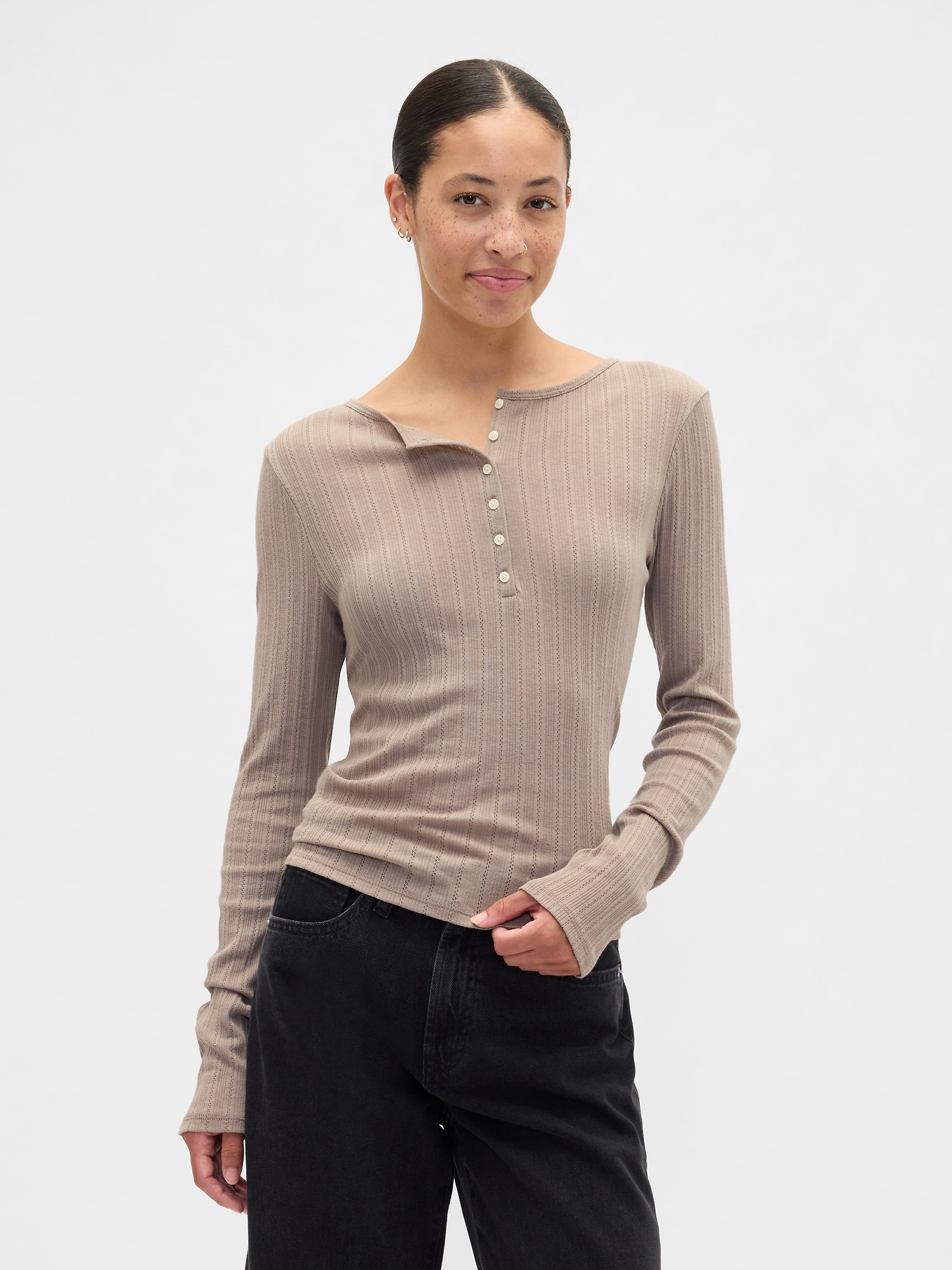 Ribbed Pointelle Henley T-Shirt