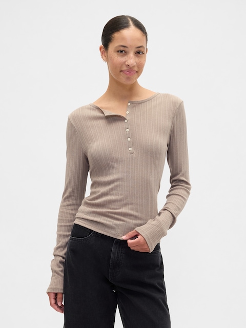 Ribbed Pointelle Henley T-Shirt