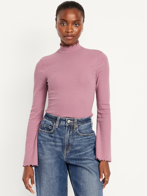 Mock-Neck Lettuce-Edge Rib Top