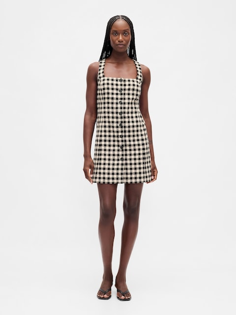 Linen-Blend Button-Front Mini Dress
