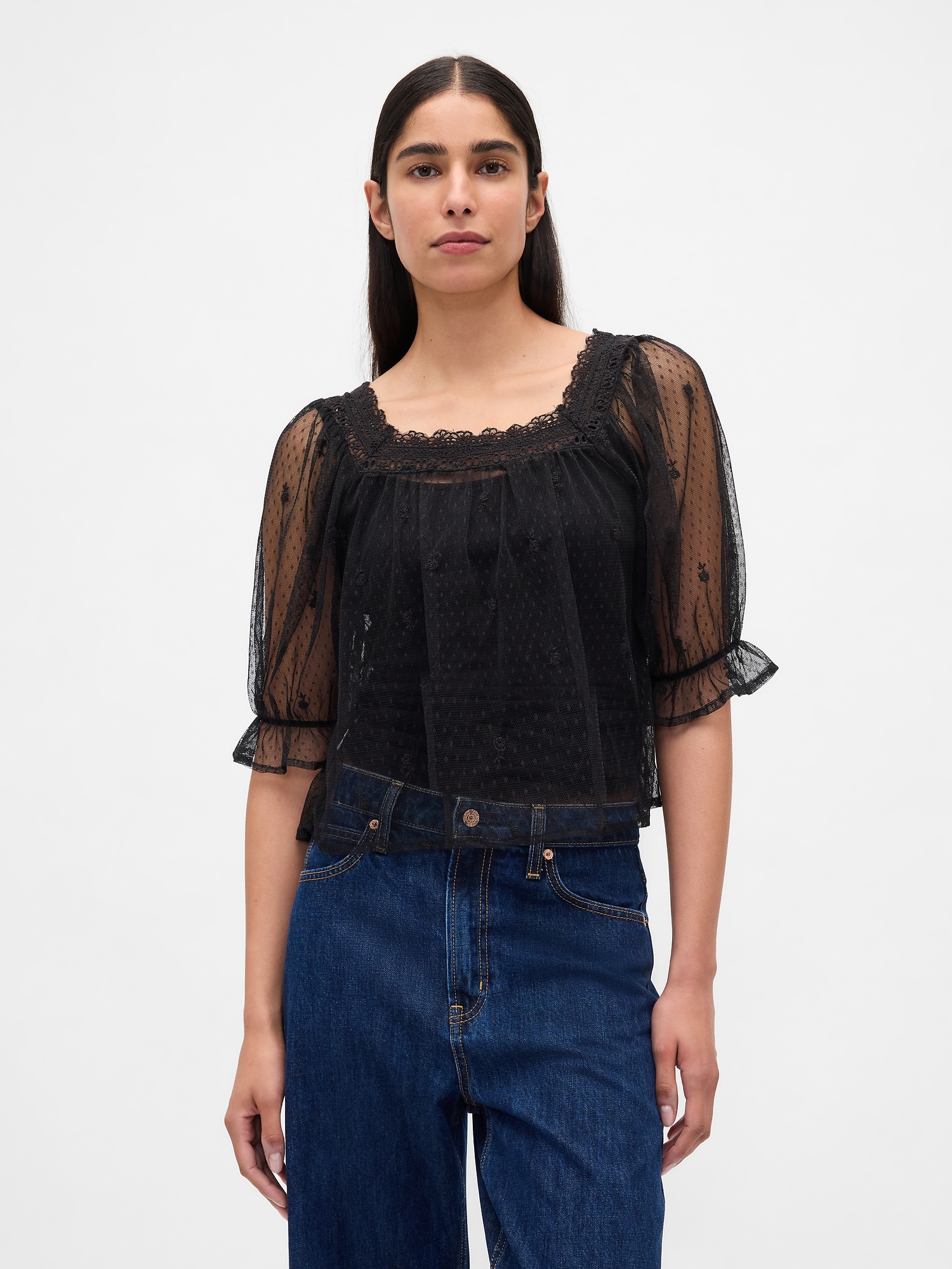 Sheer Tulle Embroidered Top