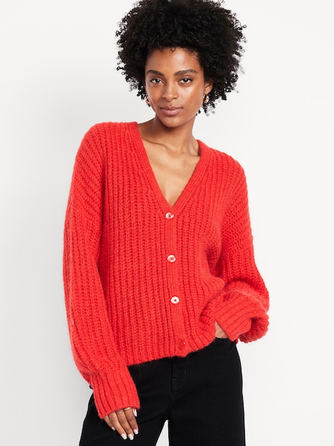 Wool-Blend Shaker-Stitch Cardigan Sweater