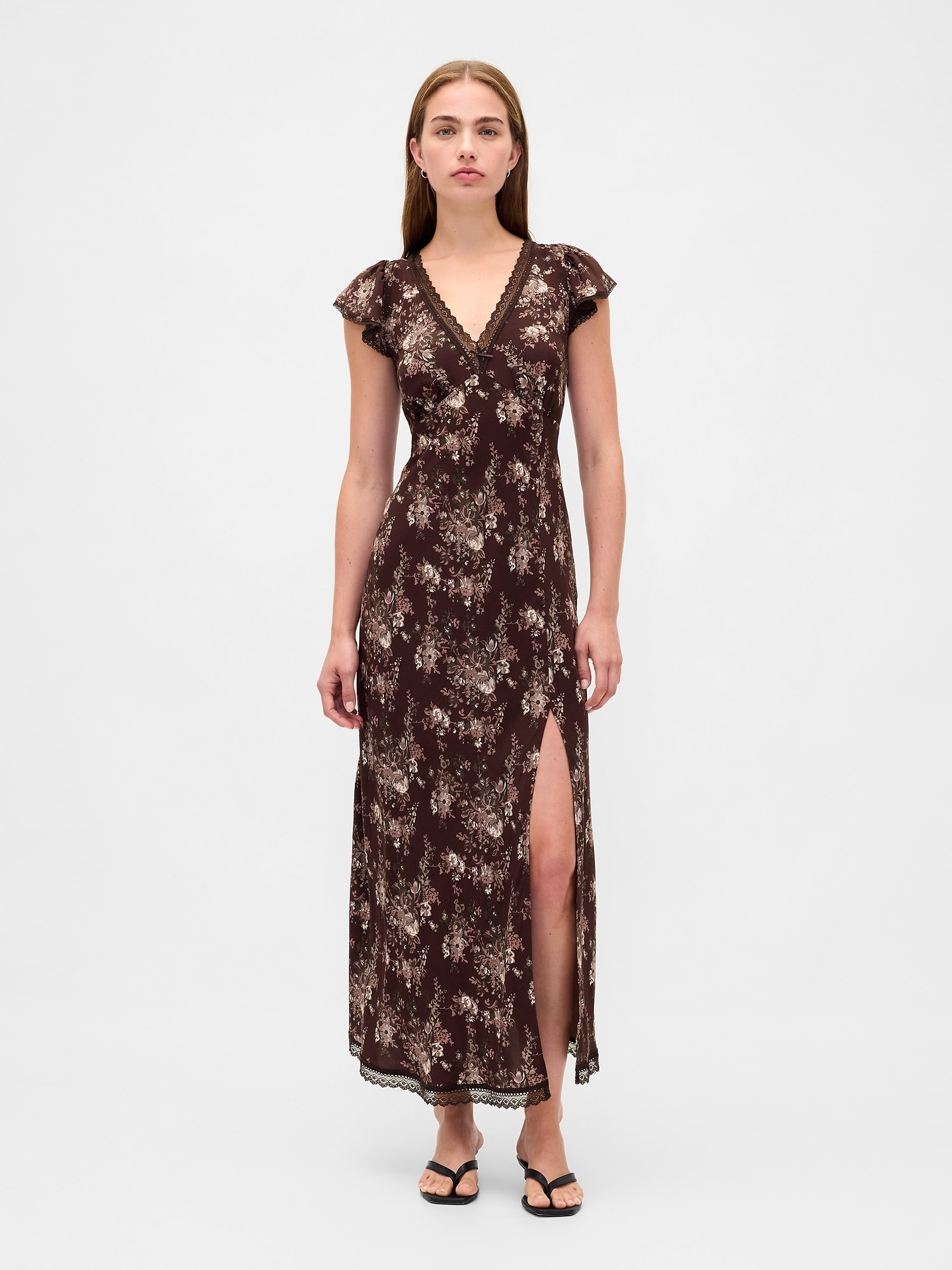 Lace-Trim V-Neck Crepe Maxi Dress