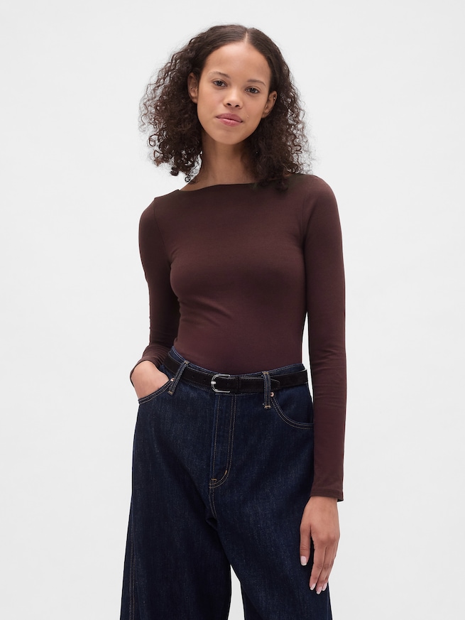 クローズニット ジャージー ボートネック バックオープンTシャツ-0