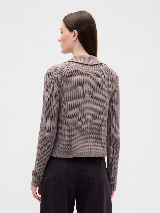 コットン100％ 襟付き クロップド ニットカーディガン-2