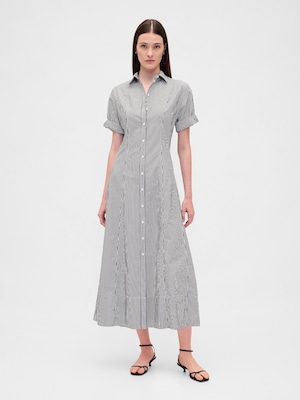 ポプリン 袖ロールアップ ミディシャツワンピース