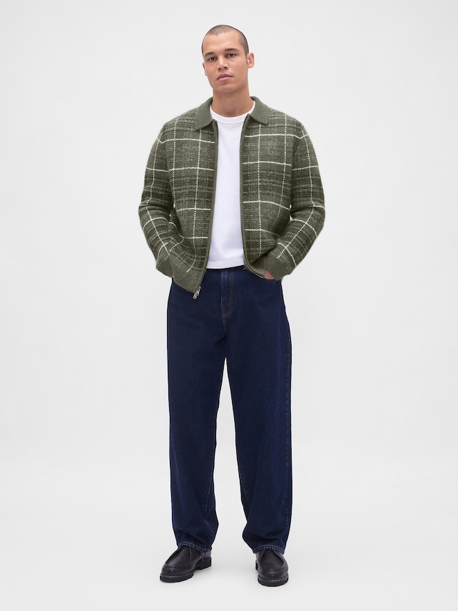 ブラッシュド プレイド ジップアップセーター-1