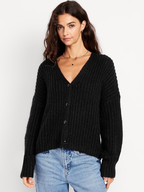 Wool-Blend Shaker-Stitch Cardigan Sweater