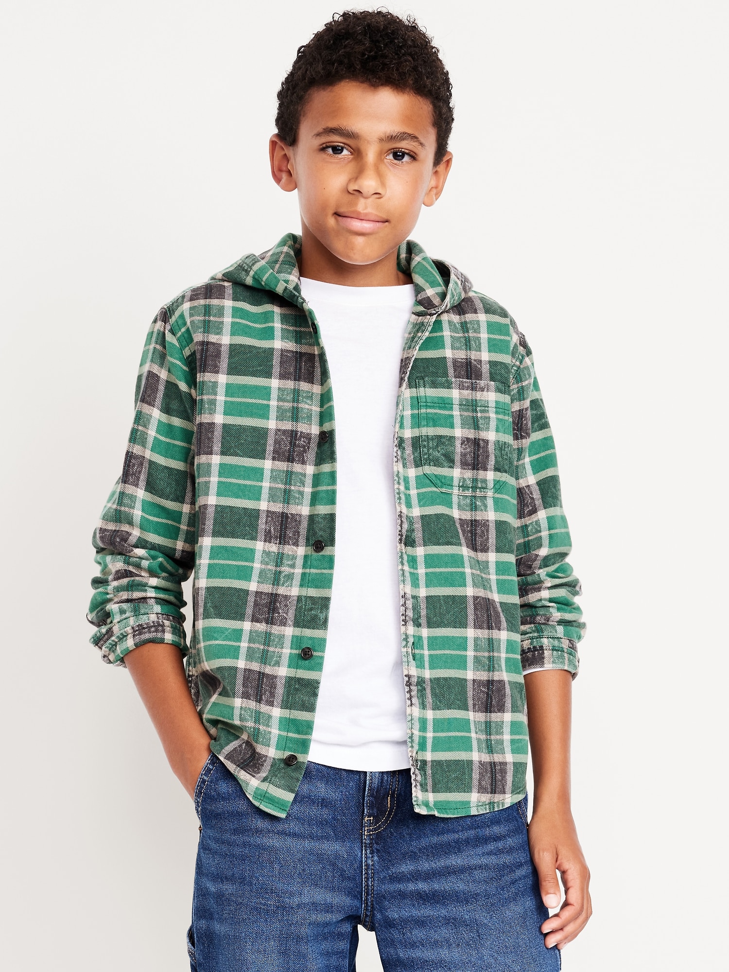 Long-Sleeve Plaid Washed Flannel Hooded Shirt for Boys